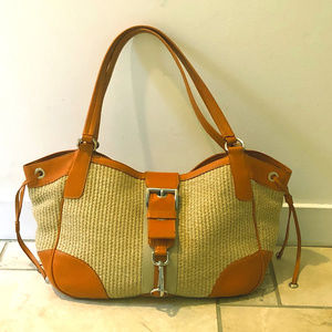 Straw Prada tote bag with orange leather trim